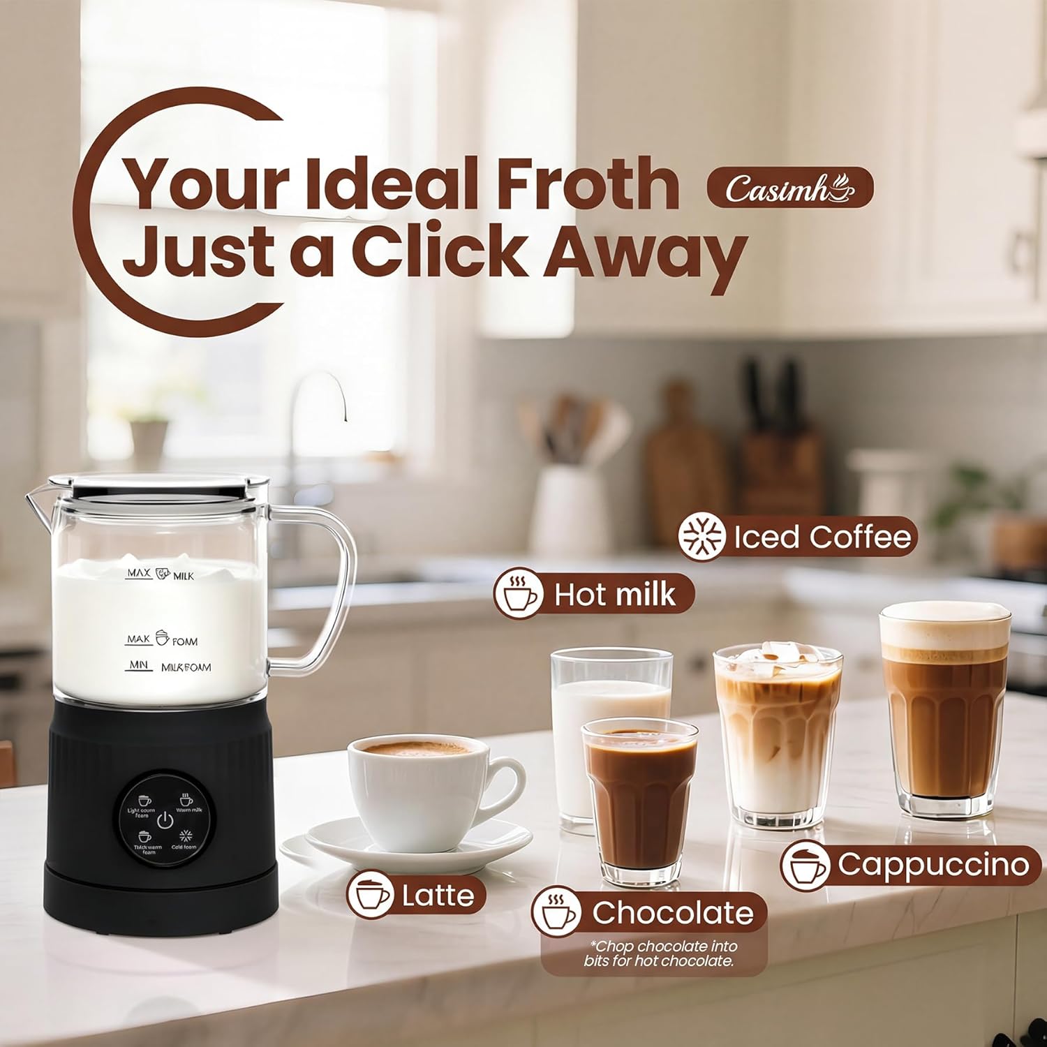 Trilamdyno Glass Jug - Electric Milk Frother and Steamer, LED Touch Screen, Black