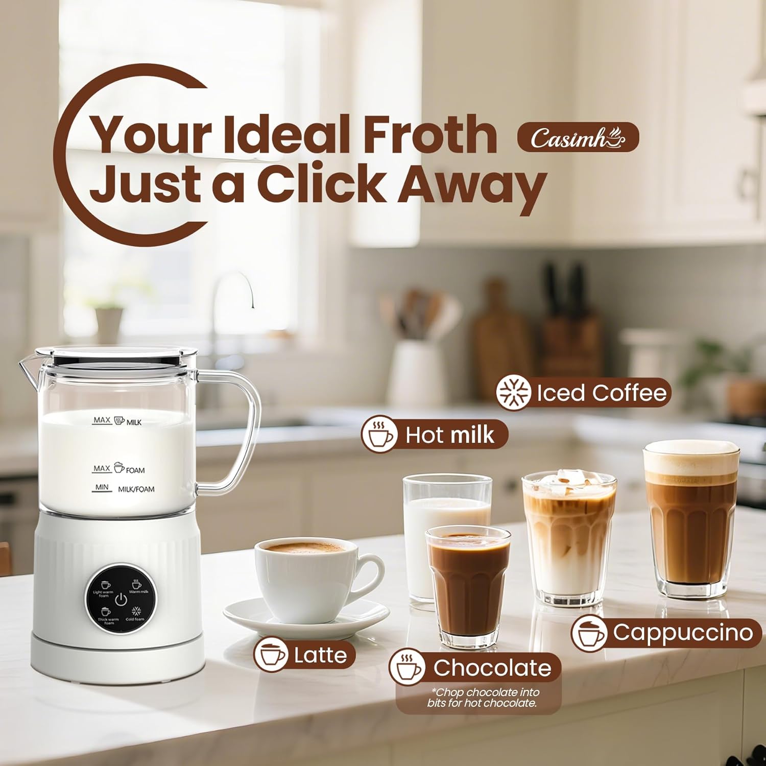 Trilamdyno Glass Jug - Electric Milk Frother and Steamer, LED Touch Screen, White