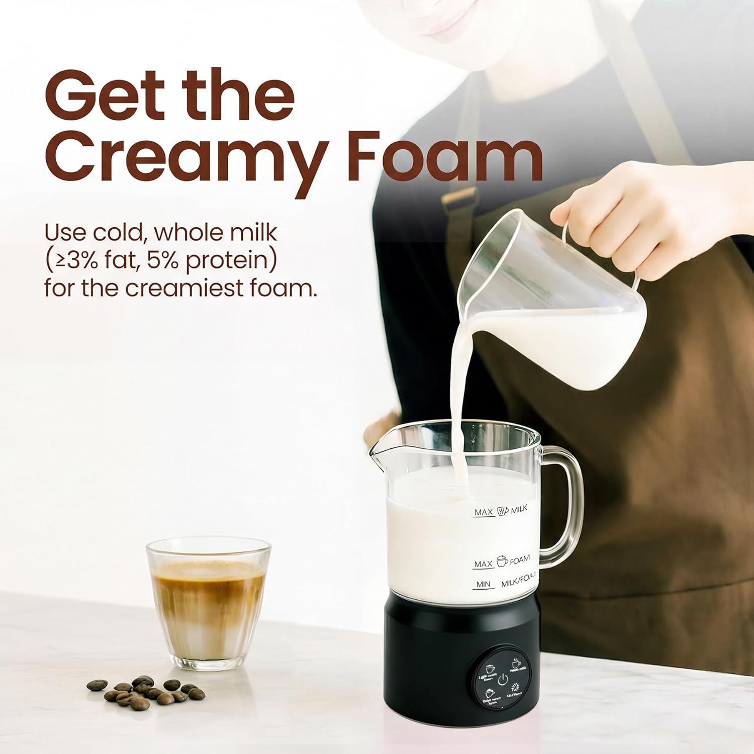 Trilamdyno Glass Jug - Electric Milk Frother and Steamer, LED Touch Screen, Black