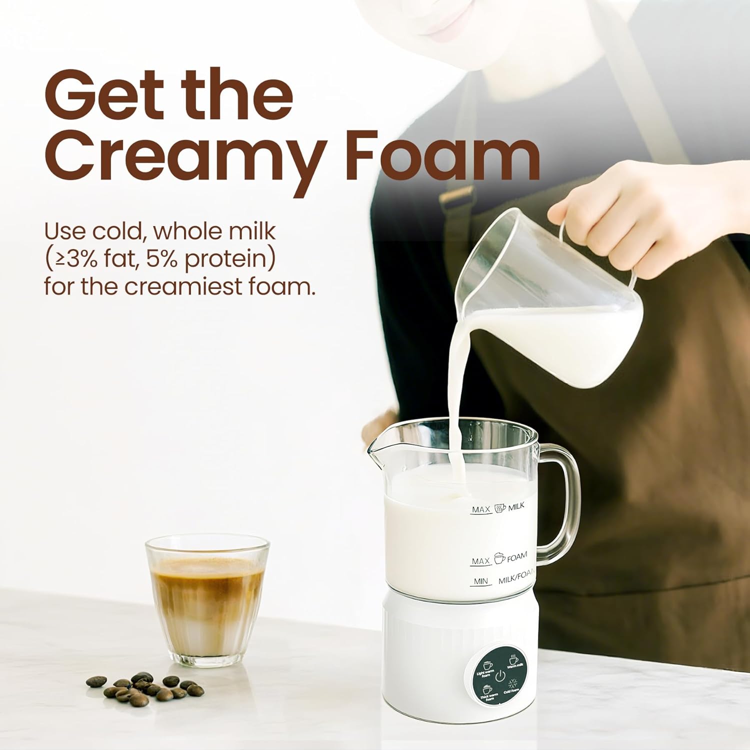 Trilamdyno Glass Jug - Electric Milk Frother and Steamer, LED Touch Screen, White