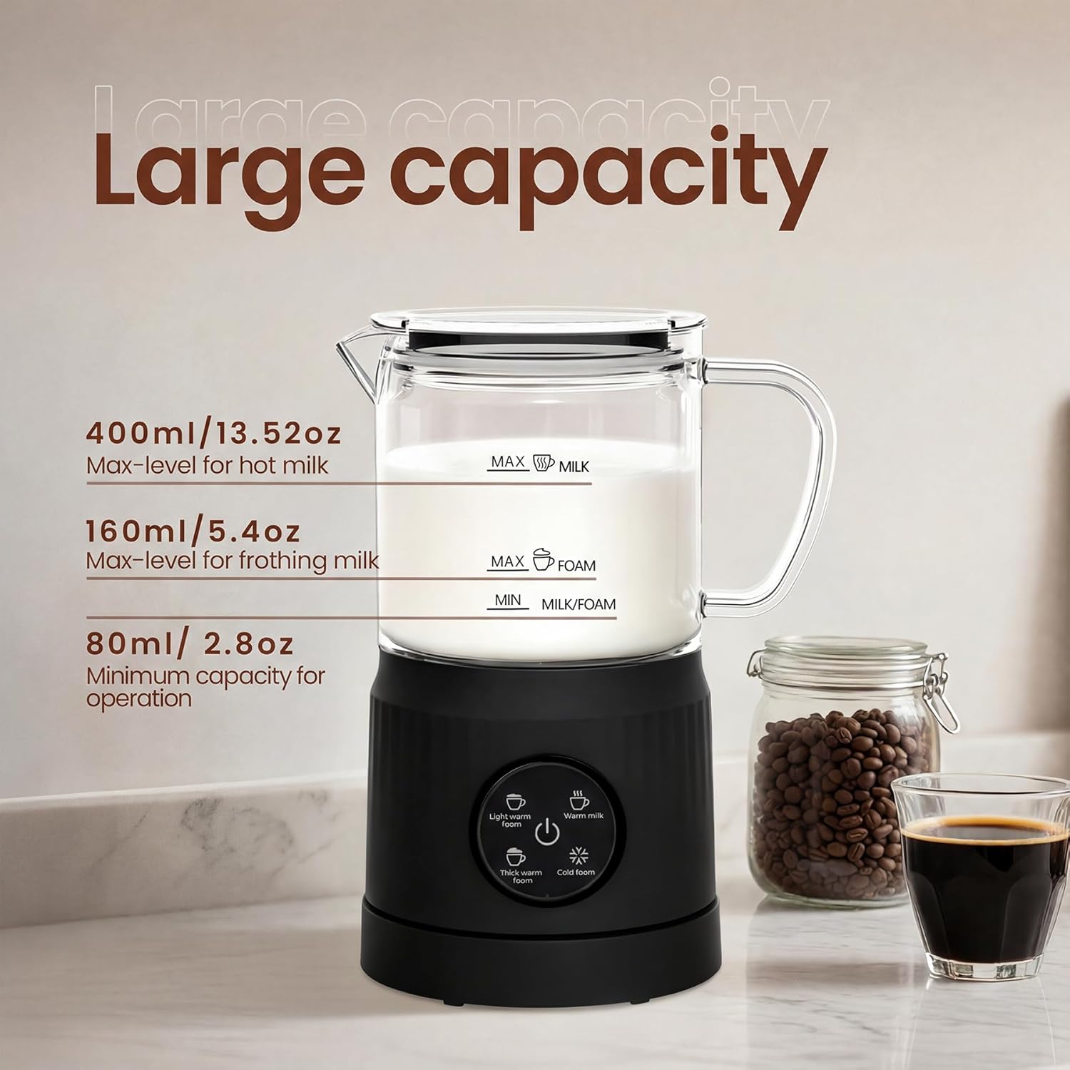 Trilamdyno Glass Jug - Electric Milk Frother and Steamer, LED Touch Screen, Black