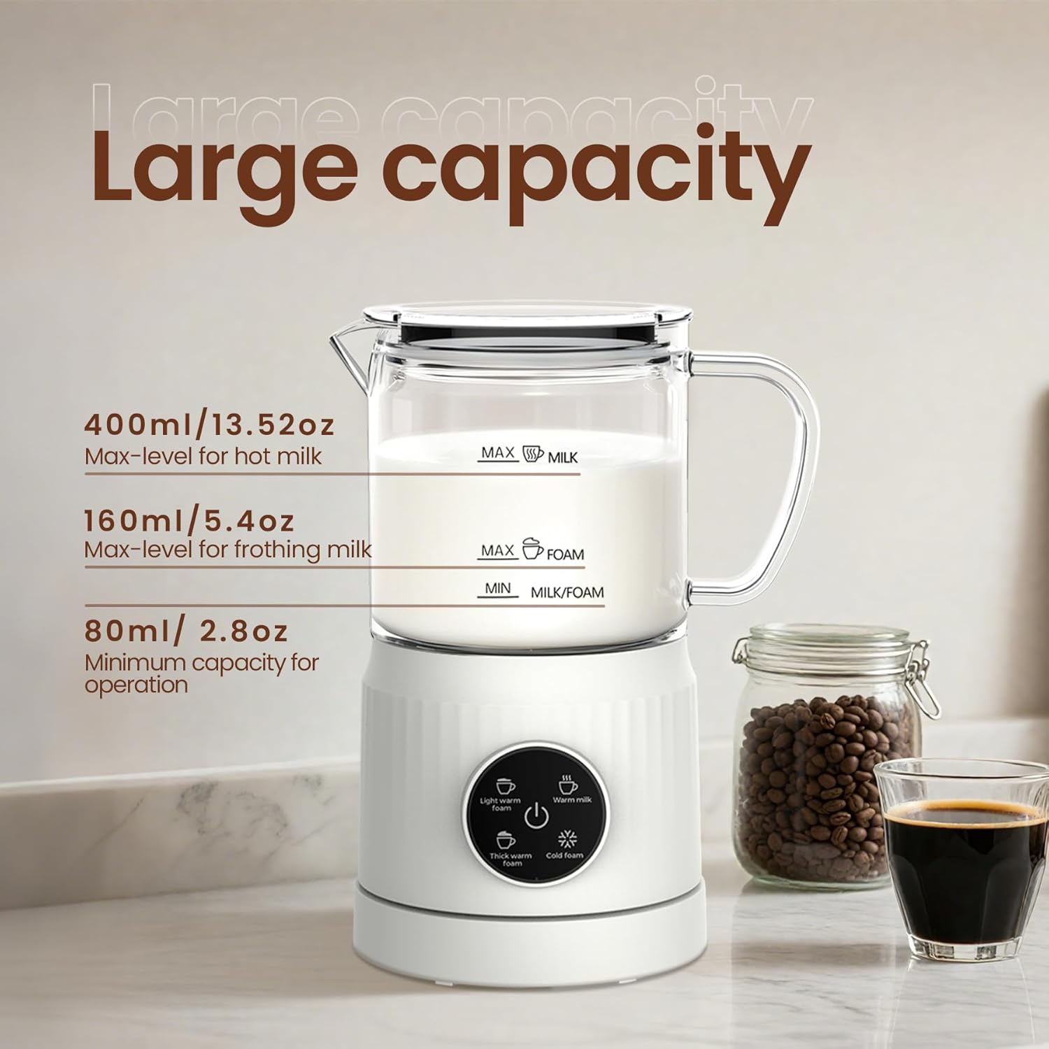 Trilamdyno Glass Jug - Electric Milk Frother and Steamer, LED Touch Screen, White