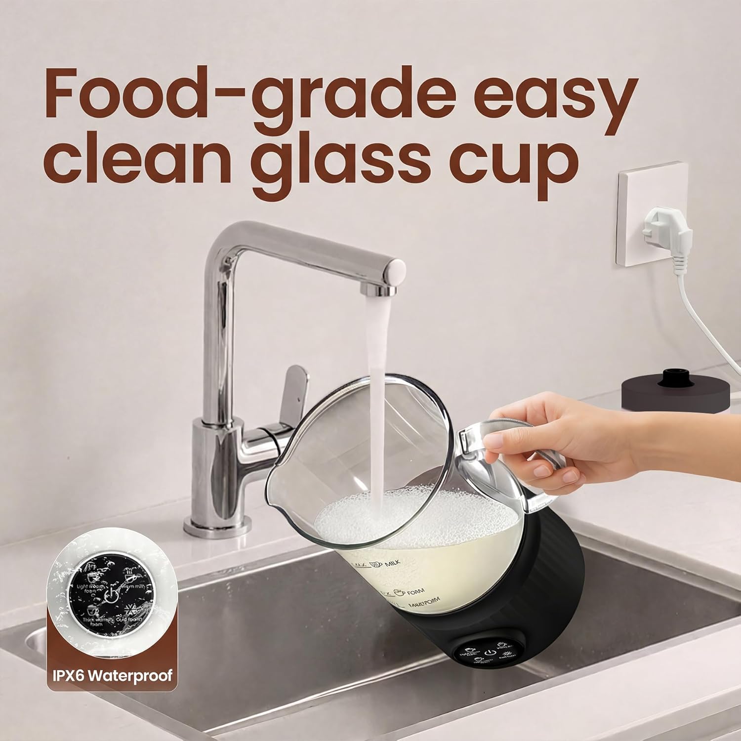 Trilamdyno Glass Jug - Electric Milk Frother and Steamer, LED Touch Screen, Black