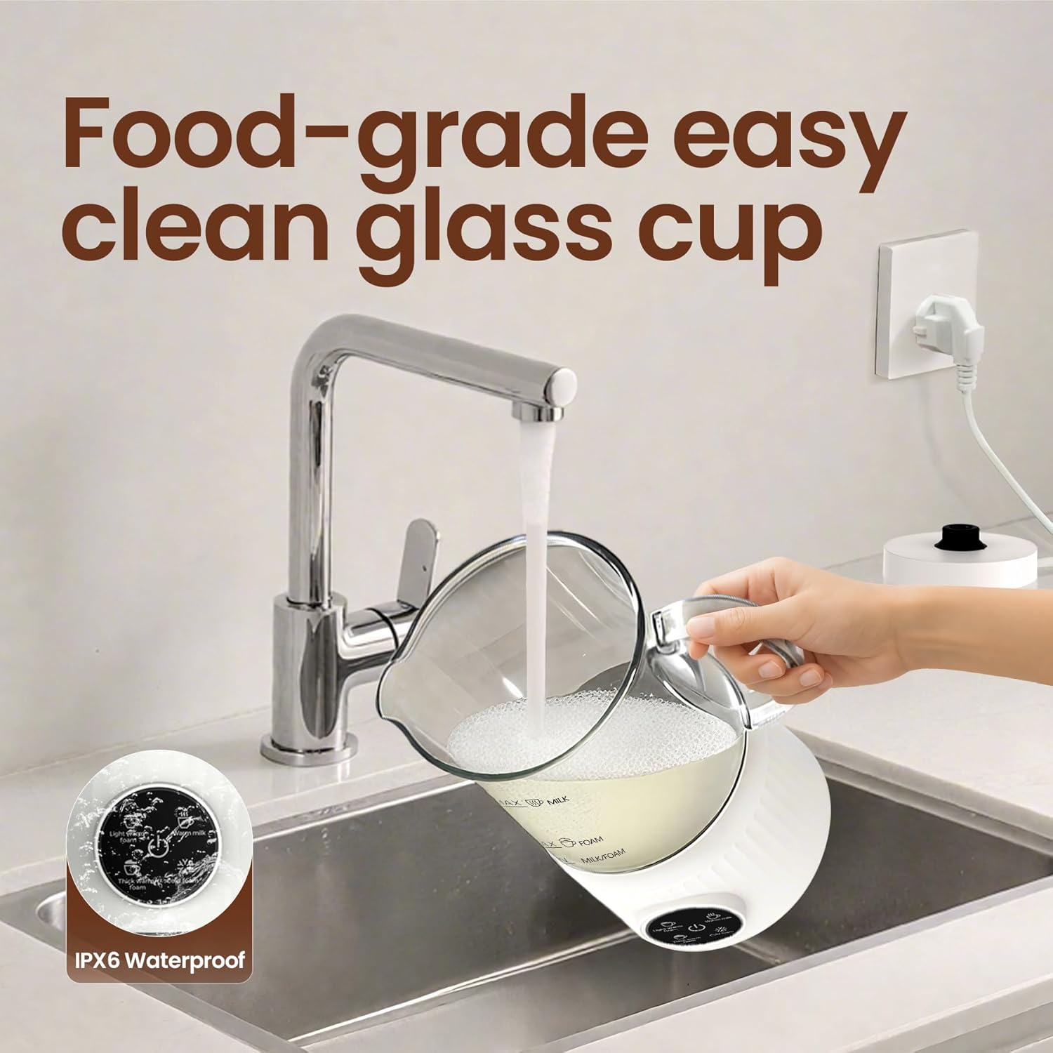Trilamdyno Glass Jug - Electric Milk Frother and Steamer, LED Touch Screen, White