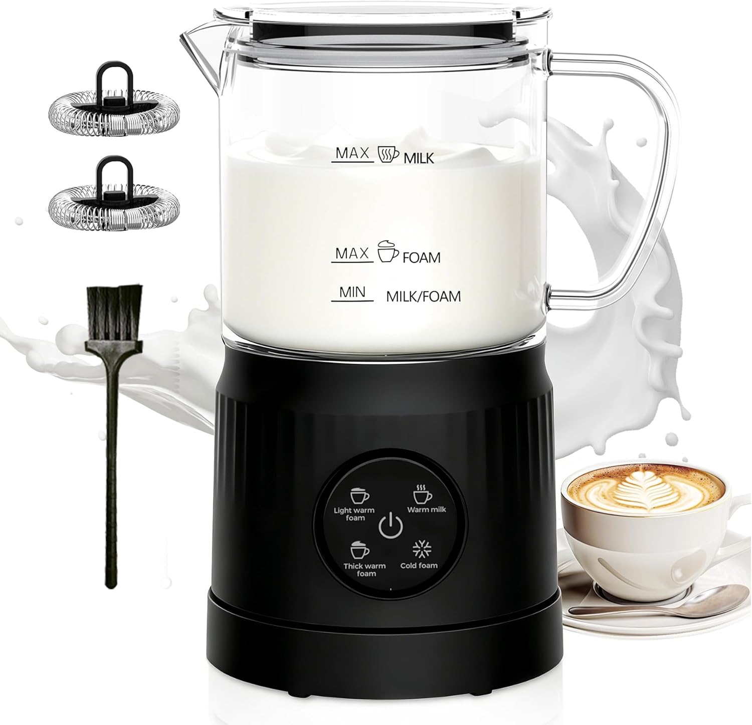 Trilamdyno Glass Jug - Electric Milk Frother and Steamer, LED Touch Screen, Black