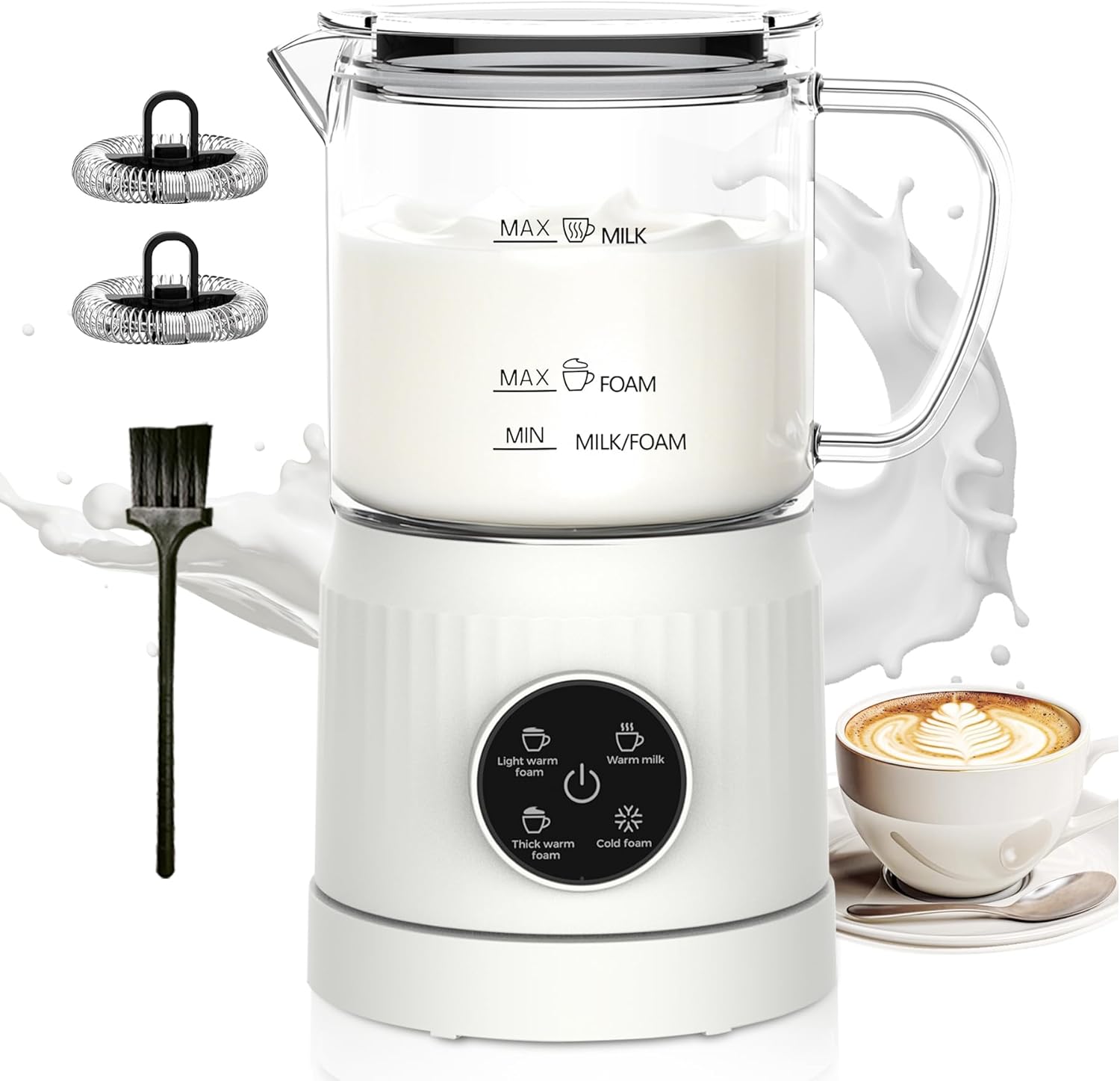 Trilamdyno Glass Jug - Electric Milk Frother and Steamer, LED Touch Screen, White
