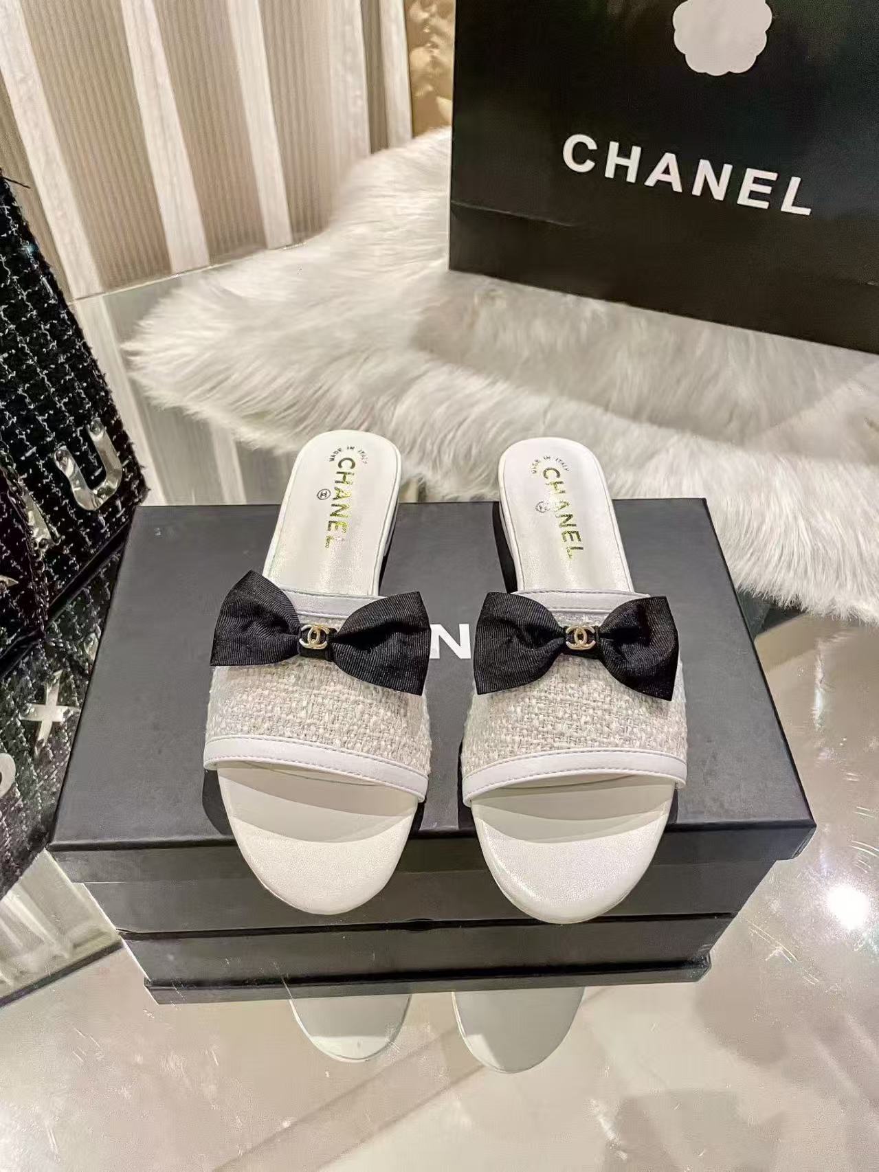 CC Tweed Bow Slip-On Sandals