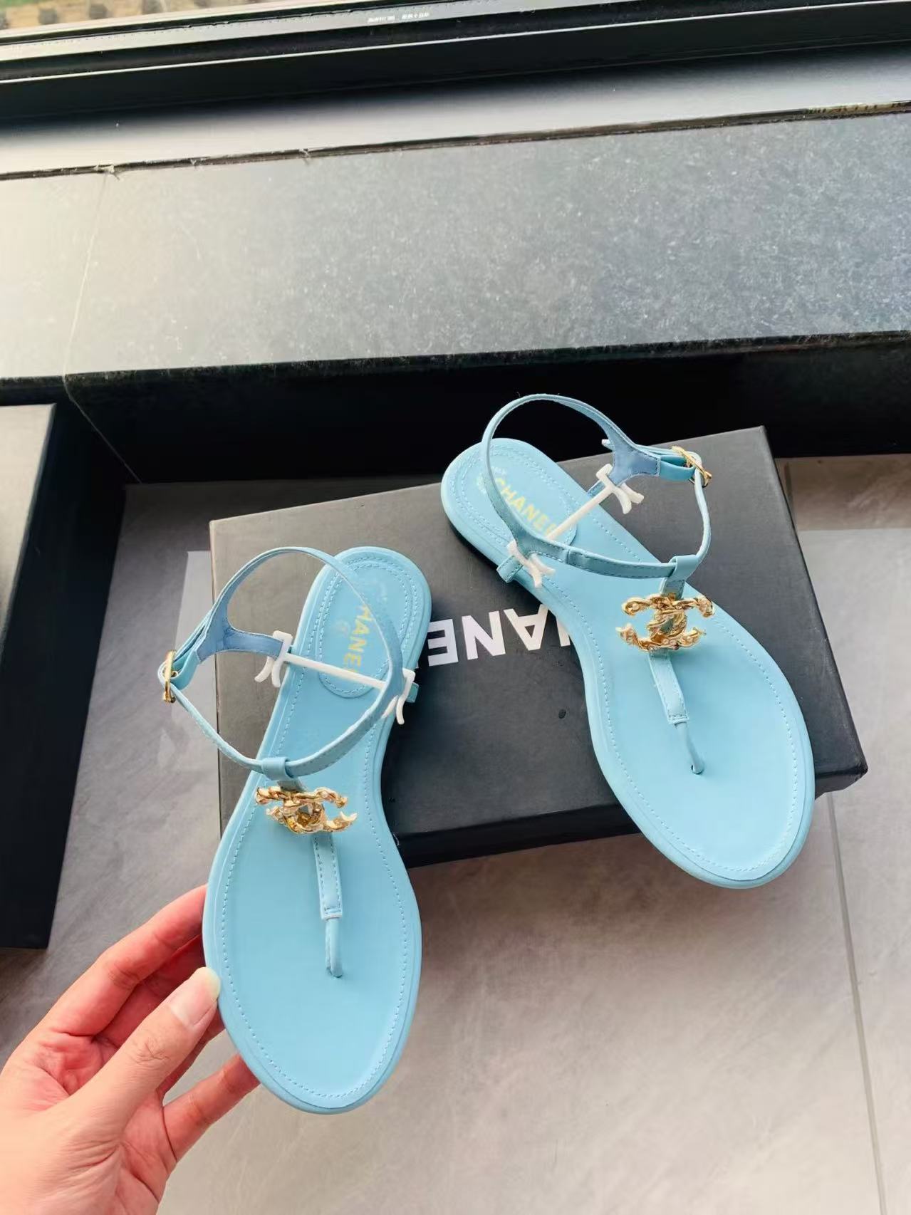 CC Aqua Thong Sandals with Gold CC Charm