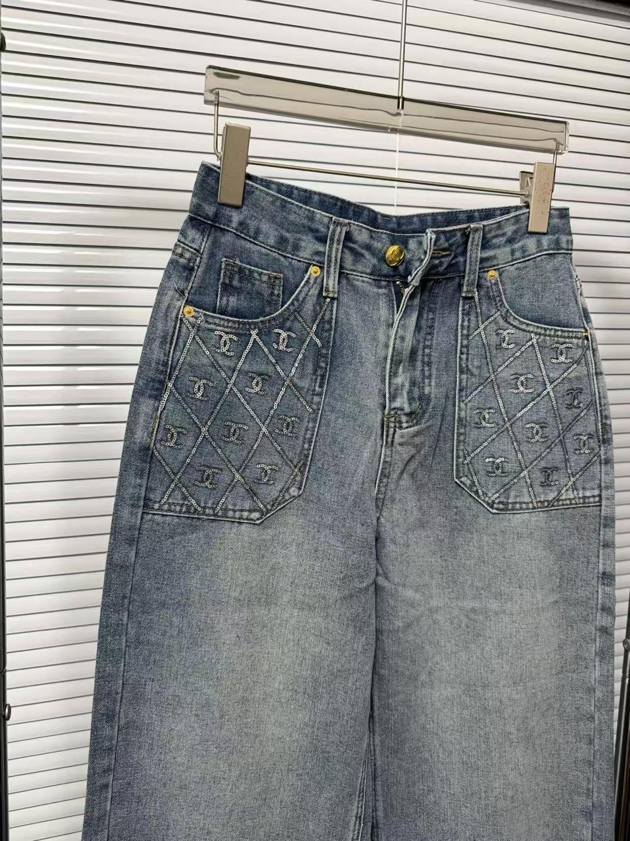 CC Double-C Diamond-Pocket High-Waist Wide-Leg Jeans