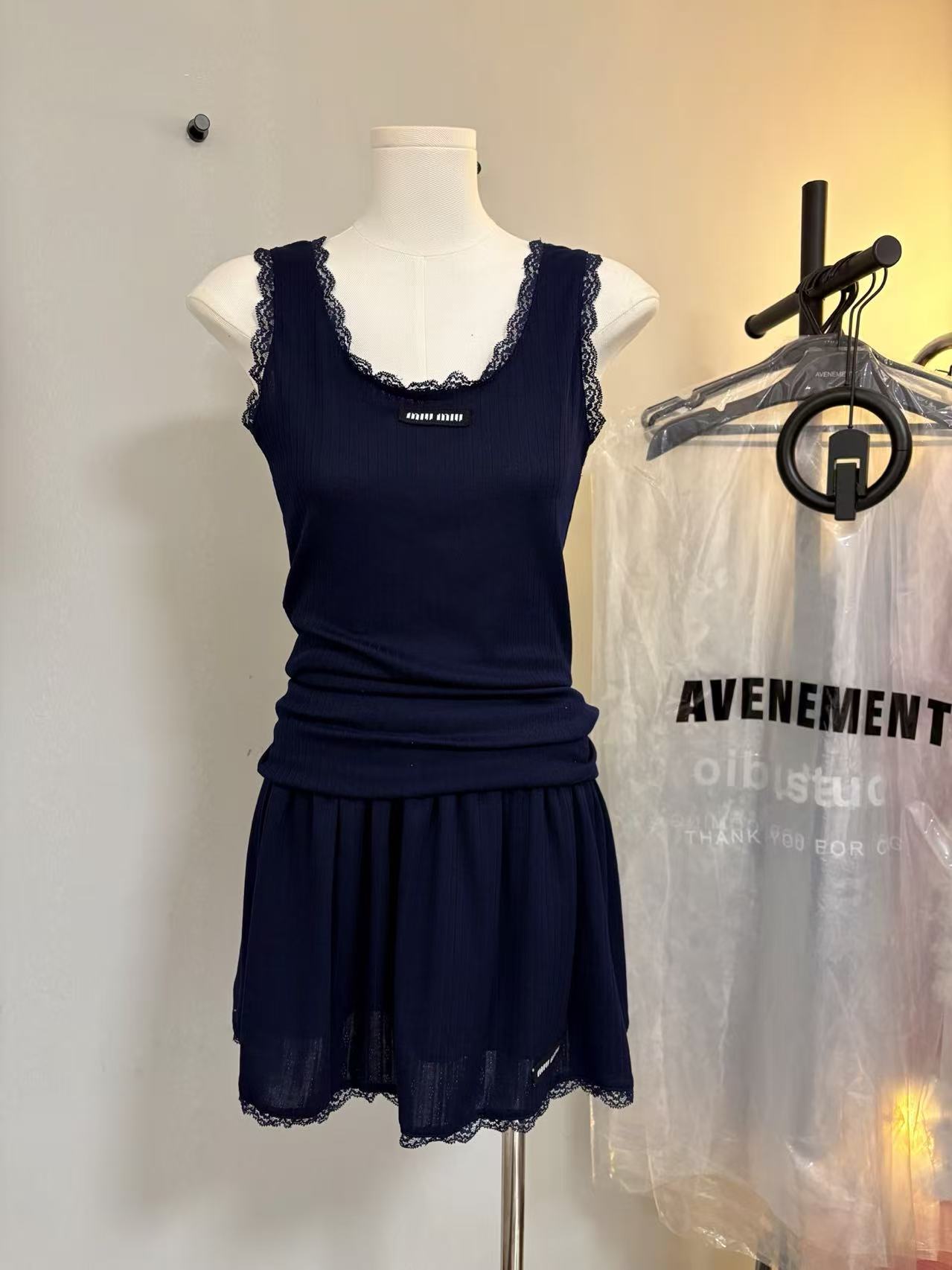 MIU Lace Trim Cami and Mini Skirt Set