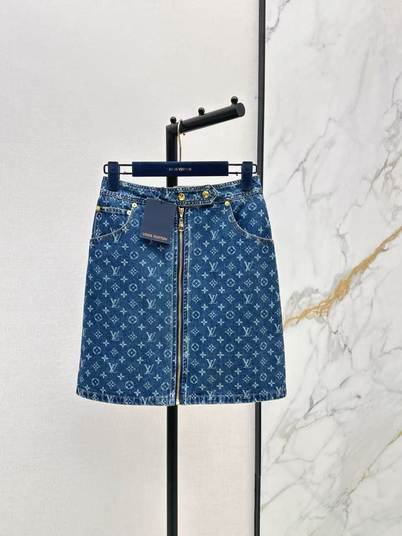LU All-Over Monogram Denim A-Line Mini Skirt.