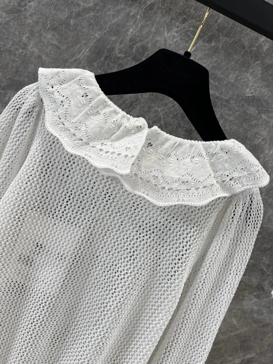 CHANE25SS Cutout Mesh Lace Neck Top