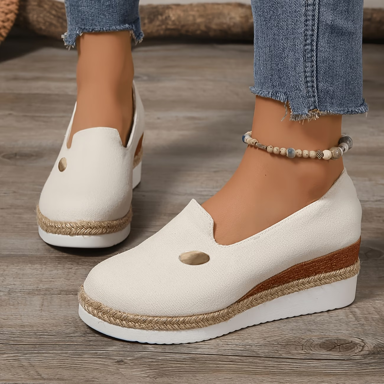 Canvas Espadrille Wedge Slip Ons with Braided Jute Sole