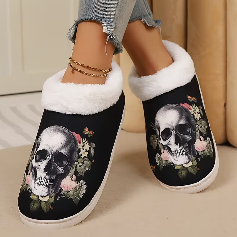 Dark Floral Skull Print Fuzzy Shoes with Plush Lining for Edgy Cozy Indoor Comfort
