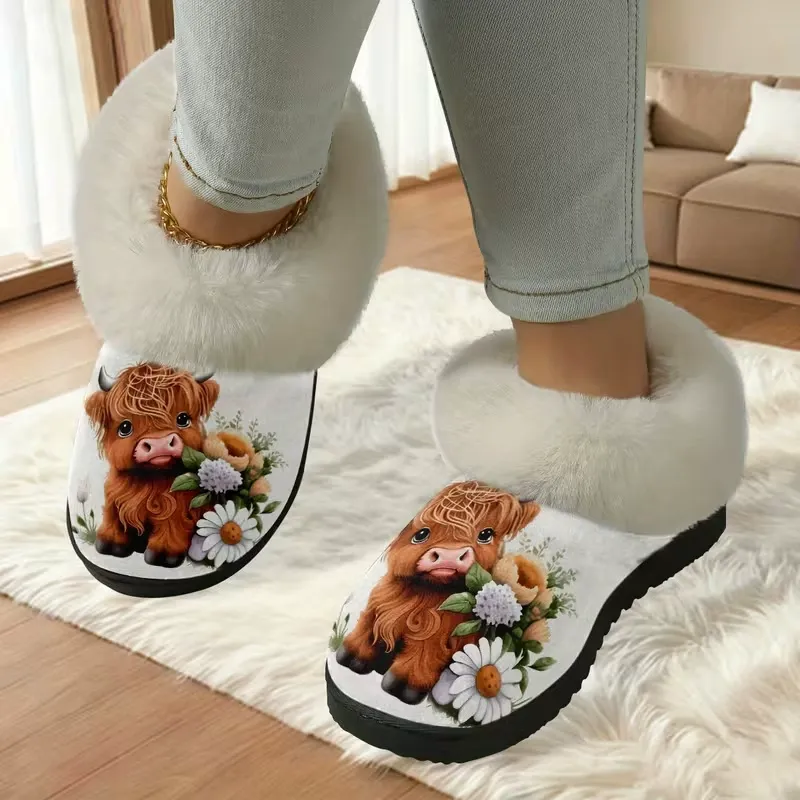 Women's Cute Baby Highland Cow Floral Print Furry Collar Indoor/Outdoor Shoes