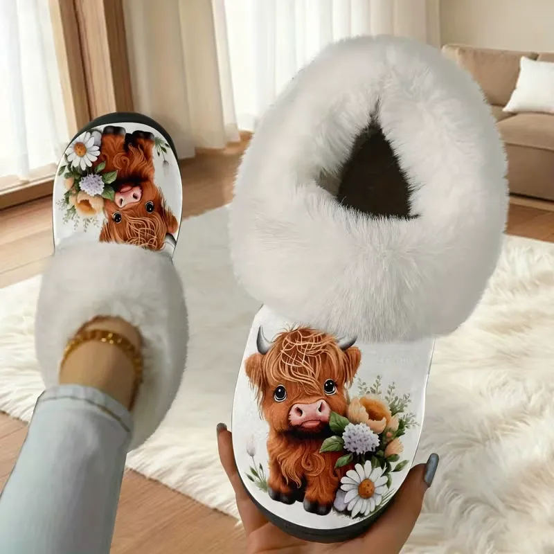 Women's Cute Baby Highland Cow Floral Print Furry Collar Indoor/Outdoor Shoes