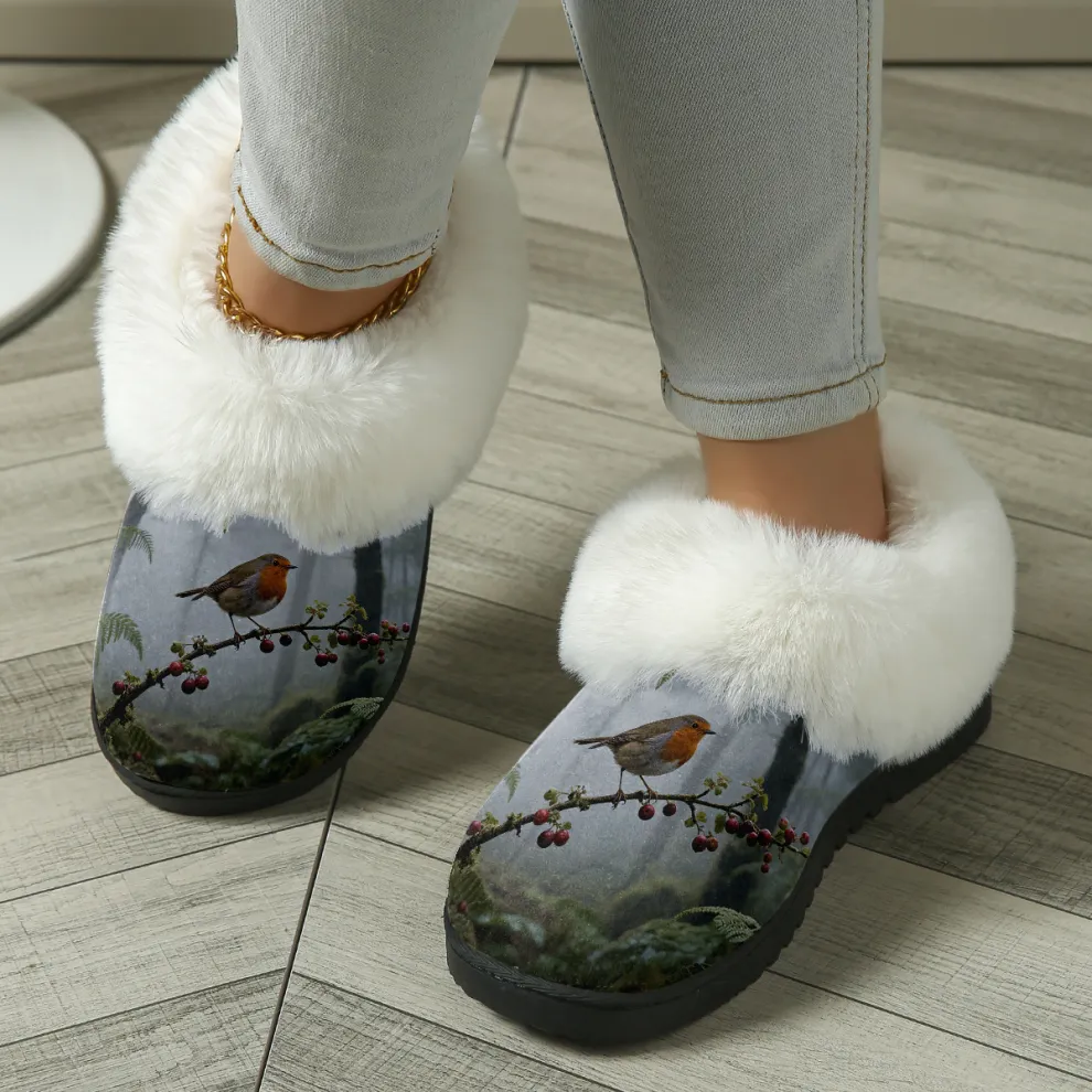 Women's Robin Print Fluffy Winter Slipper Boots for Indoor/Outddor