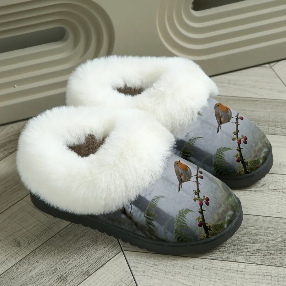 Women's Robin Print Fluffy Winter Slipper Boots for Indoor/Outddor