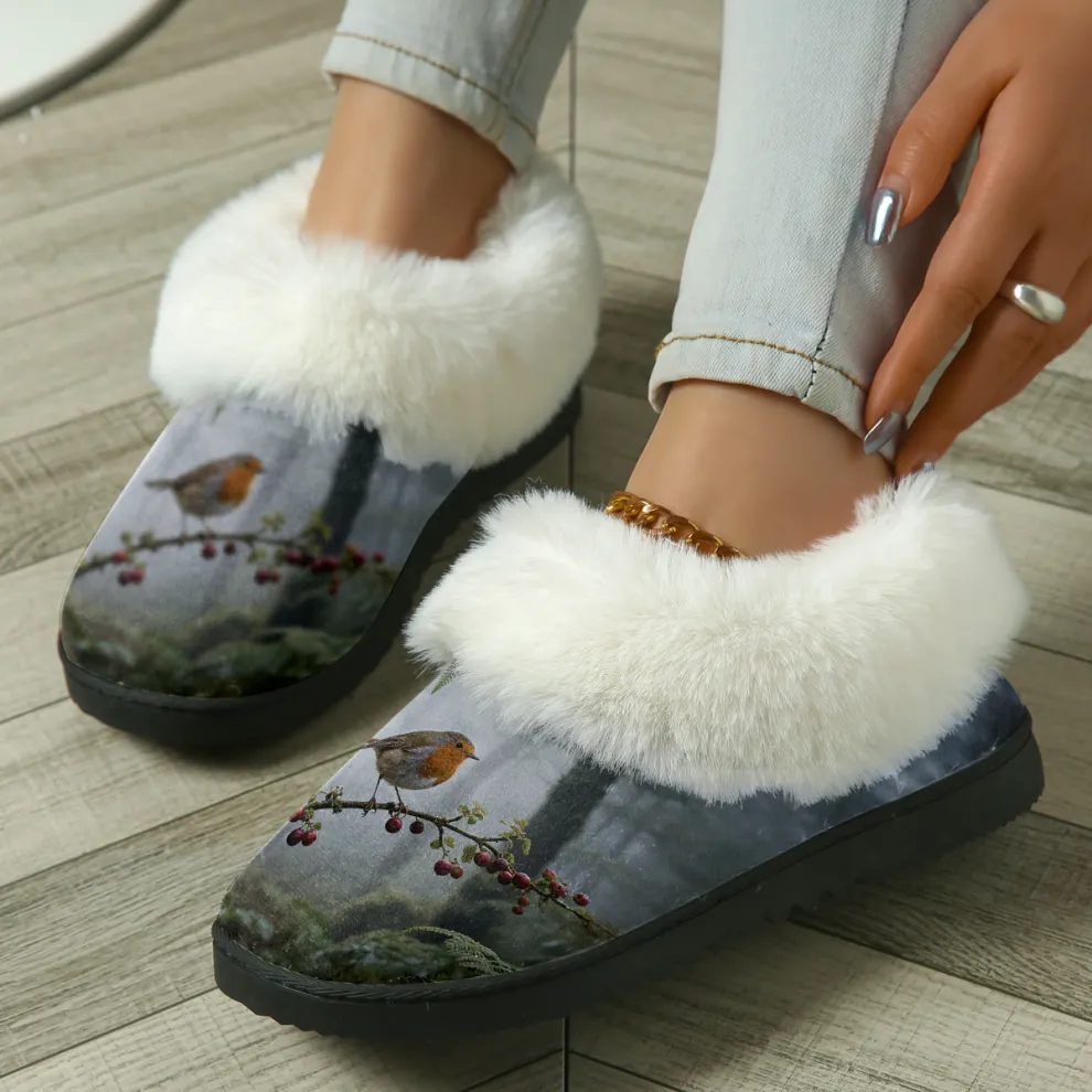 Women's Robin Print Fluffy Winter Slipper Boots for Indoor/Outddor