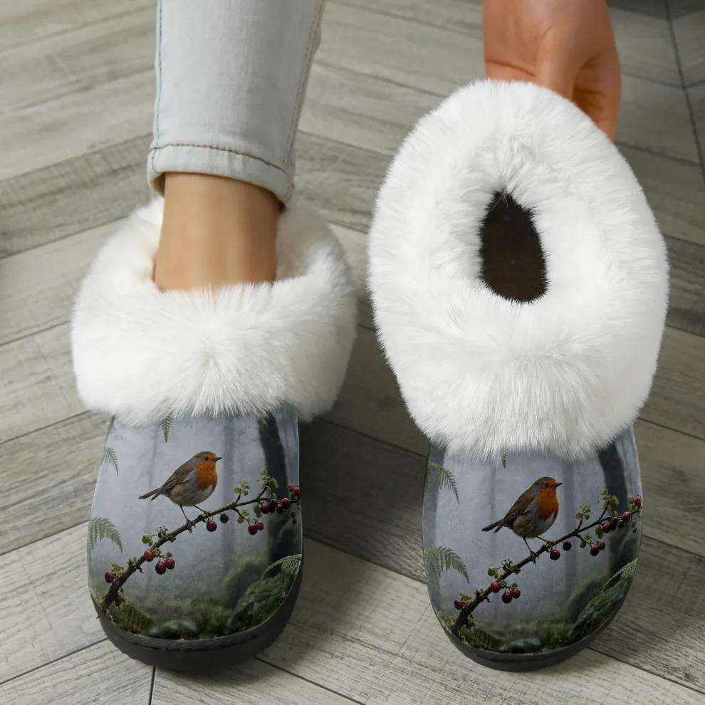Women's Robin Print Fluffy Winter Slipper Boots for Indoor/Outddor
