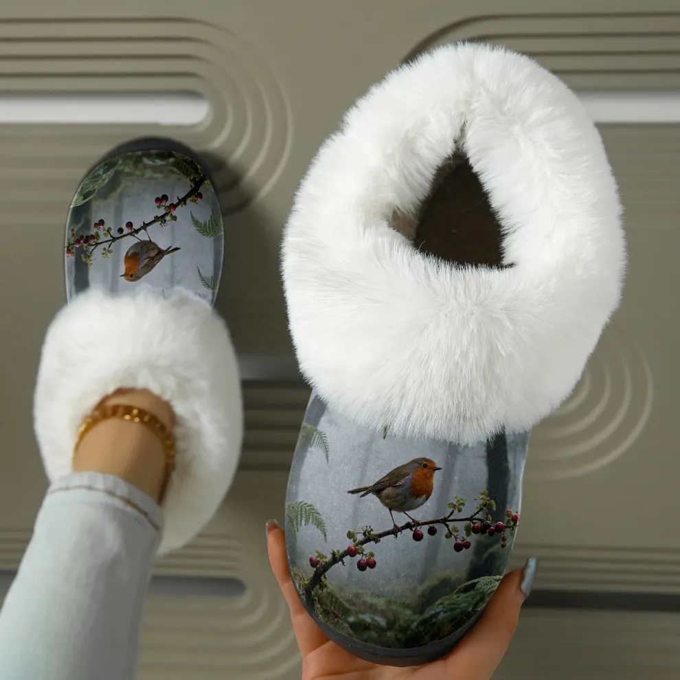 Women's Robin Print Fluffy Winter Slipper Boots for Indoor/Outddor