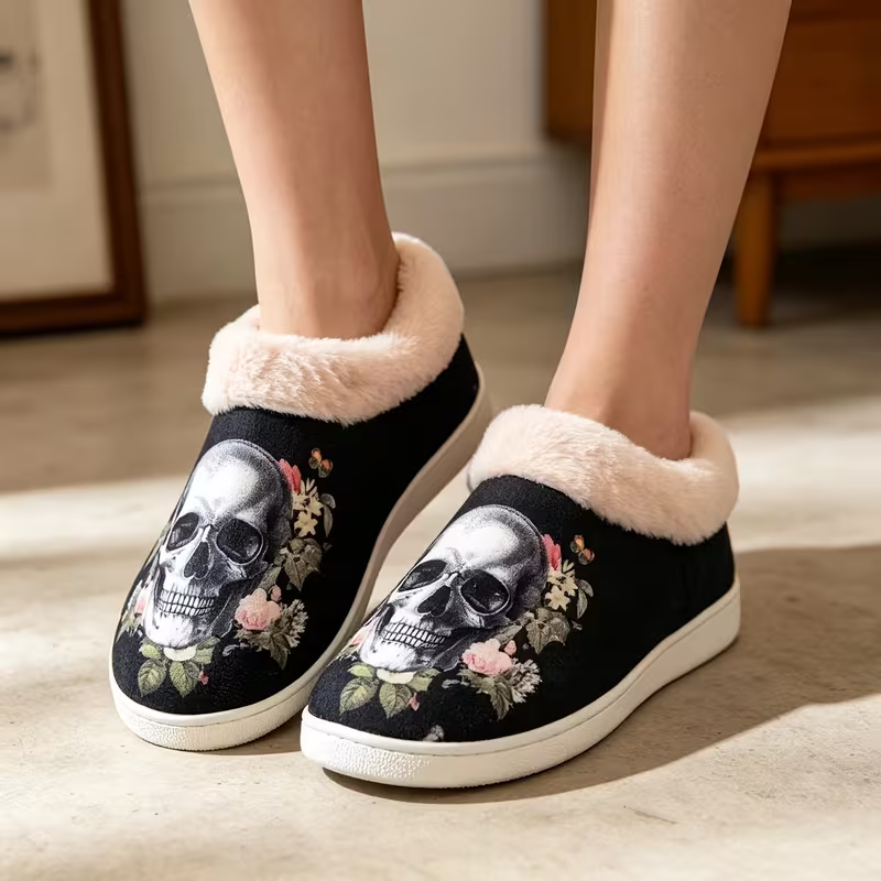 Dark Floral Skull Print Fuzzy Shoes with Plush Lining for Edgy Cozy Indoor Comfort