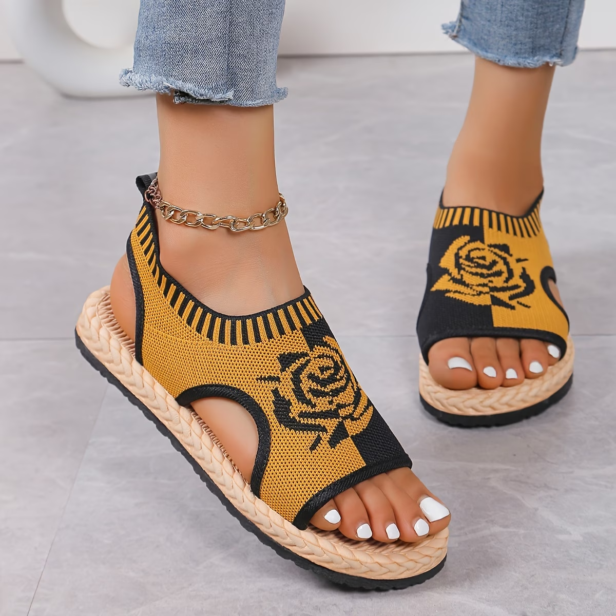 Knit Rose Pattern Espadrille Wedge Sandals