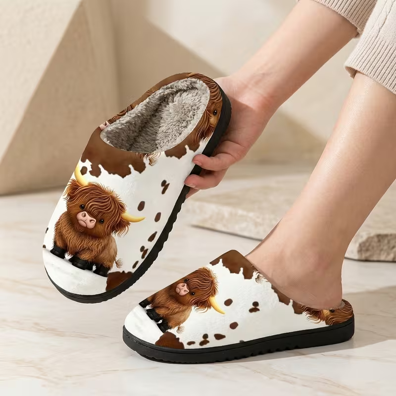 Cute Highland Cow Print Fuzzy Slide Sandal with Plush Lining for Cozy Farmhouse Indoor Comfort