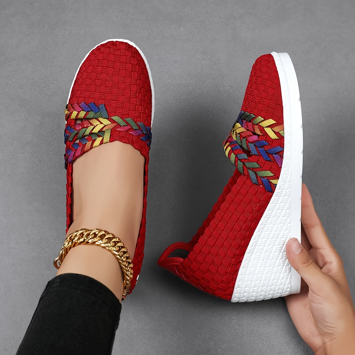 Woven Slip On Wedge Flats with Braided Detail and Lightweight Sole