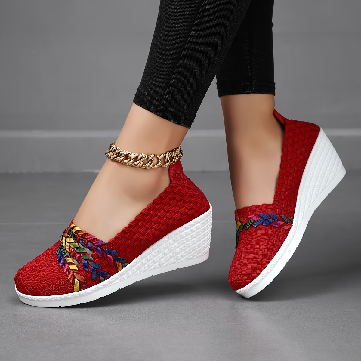 Woven Slip On Wedge Flats with Braided Detail and Lightweight Sole