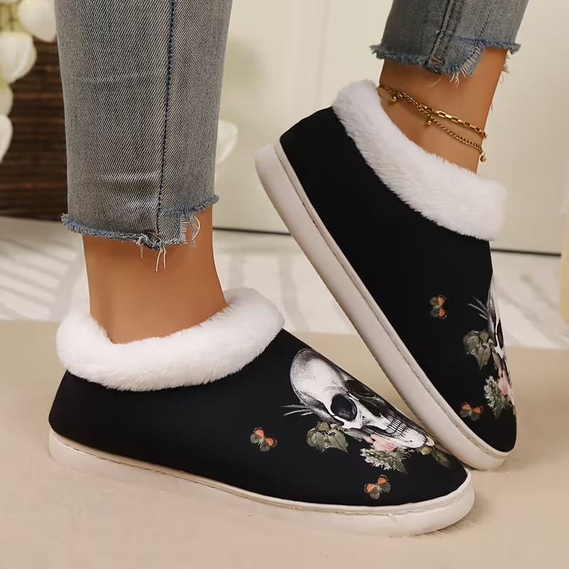 Dark Floral Skull Print Fuzzy Shoes with Plush Lining for Edgy Cozy Indoor Comfort