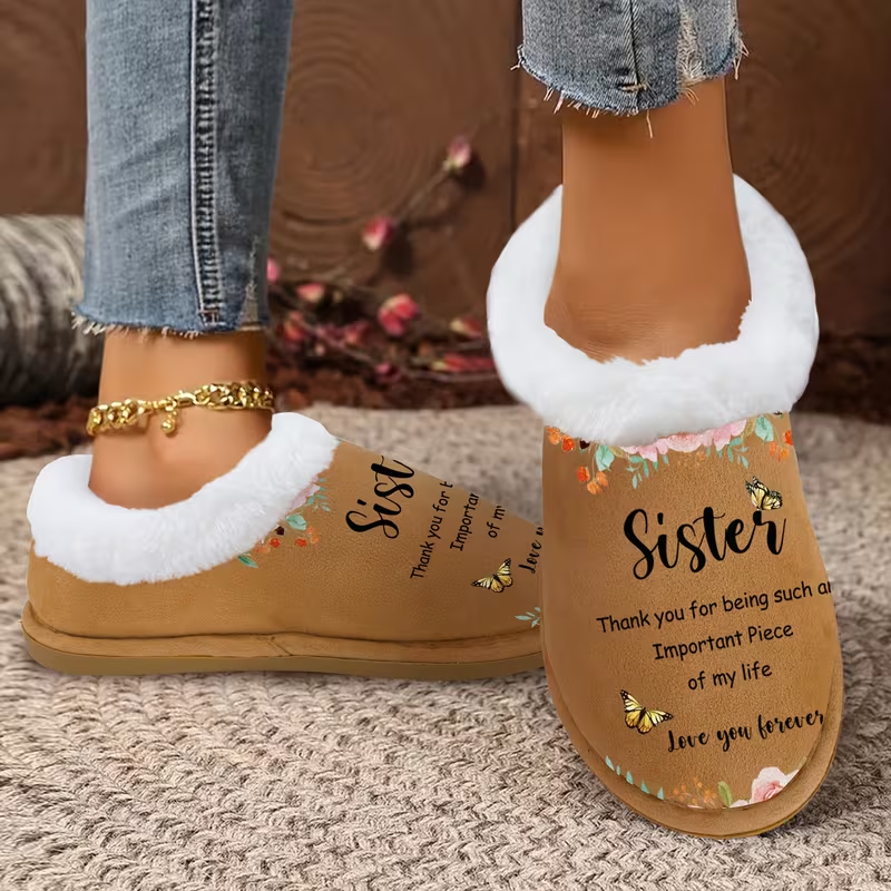 Sister Gift Fuzzy Shoes with Floral Butterfly Print and Heartfelt Message for Cozy Indoor Comfort