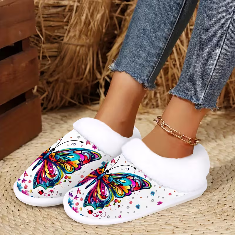 Vibrant Butterfly Art Fuzzy Shoes with Plush Lining for Whimsical Cozy Indoor Comfort