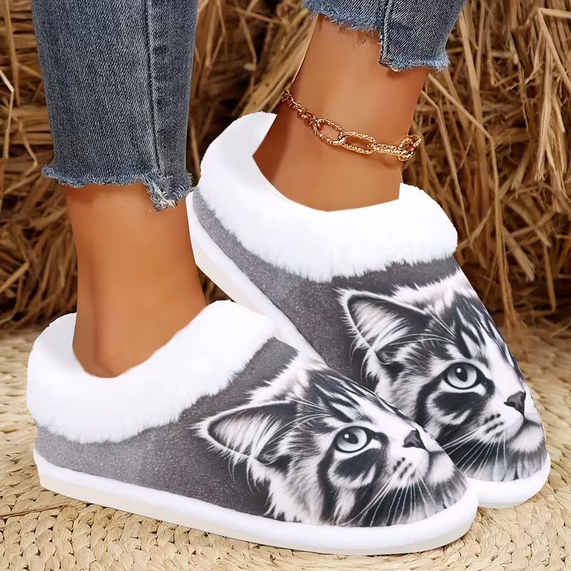 Realistic Tabby Cat Face Print Fuzzy Shoes with Plush Lining for Cozy Indoor Comfort