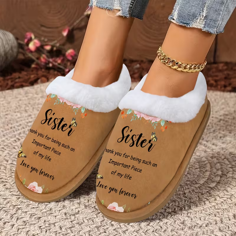 Sister Gift Fuzzy Shoes with Floral Butterfly Print and Heartfelt Message for Cozy Indoor Comfort