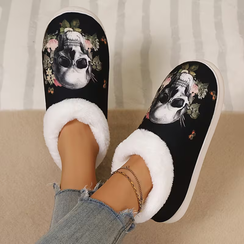 Dark Floral Skull Print Fuzzy Shoes with Plush Lining for Edgy Cozy Indoor Comfort