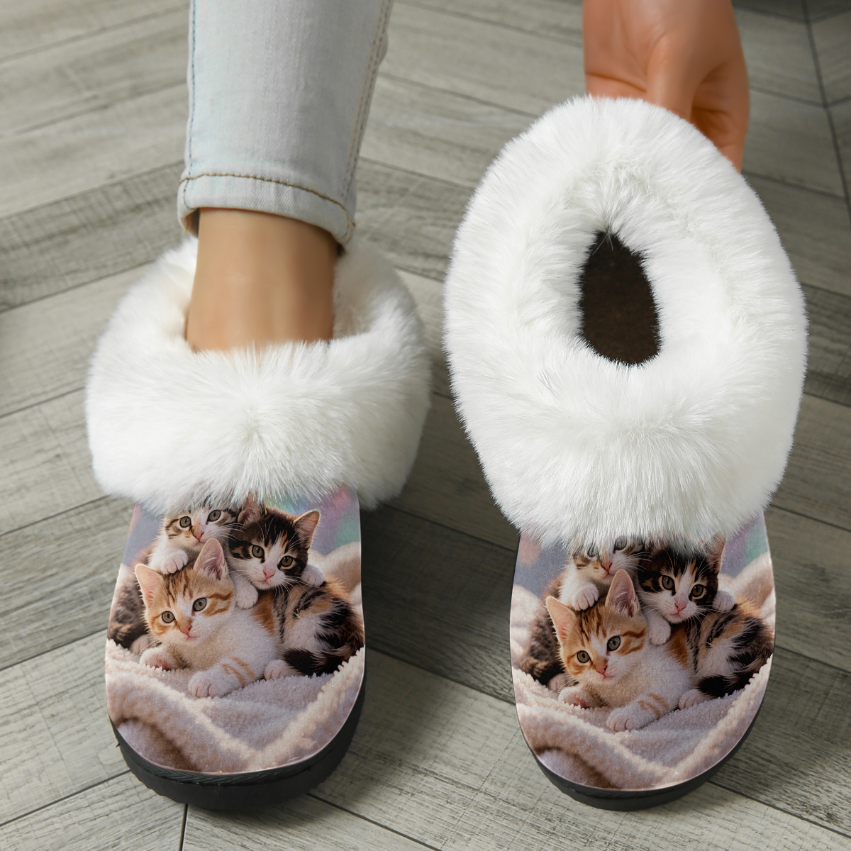 Fuzzy Slide Sandal with Adorable Kitten Print and Plush Lining for Cozy Indoor Comfort