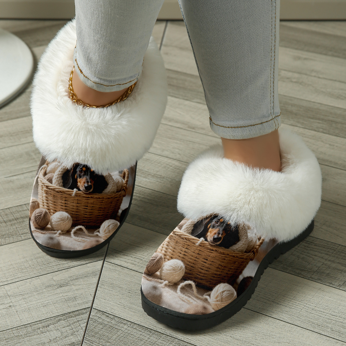 Dachshund in Basket Print Fuzzy Slide Sandal with Plush Lining for Cozy Indoor Comfort
