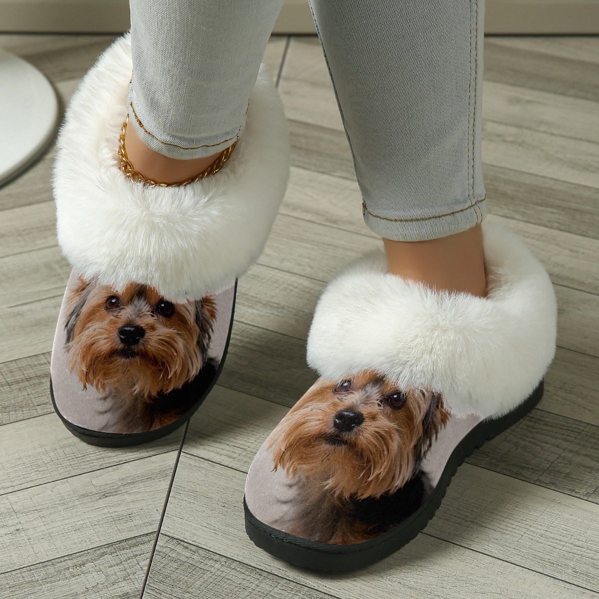 Fuzzy Slide Sandal with Realistic Puppy Print and Plush Lining for Cozy Indoor Comfort
