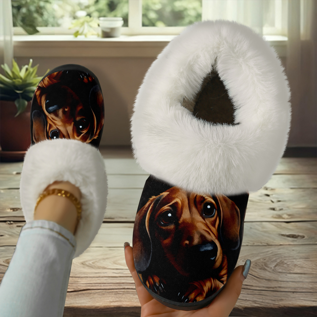 Fuzzy Slide Sandal with Realistic Dachshund Print and Plush Lining for Cozy Indoor Comfort