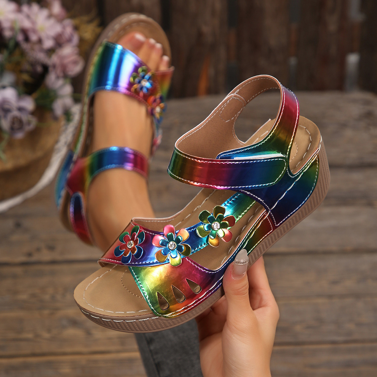 Iridescent Floral Wedge Sandals