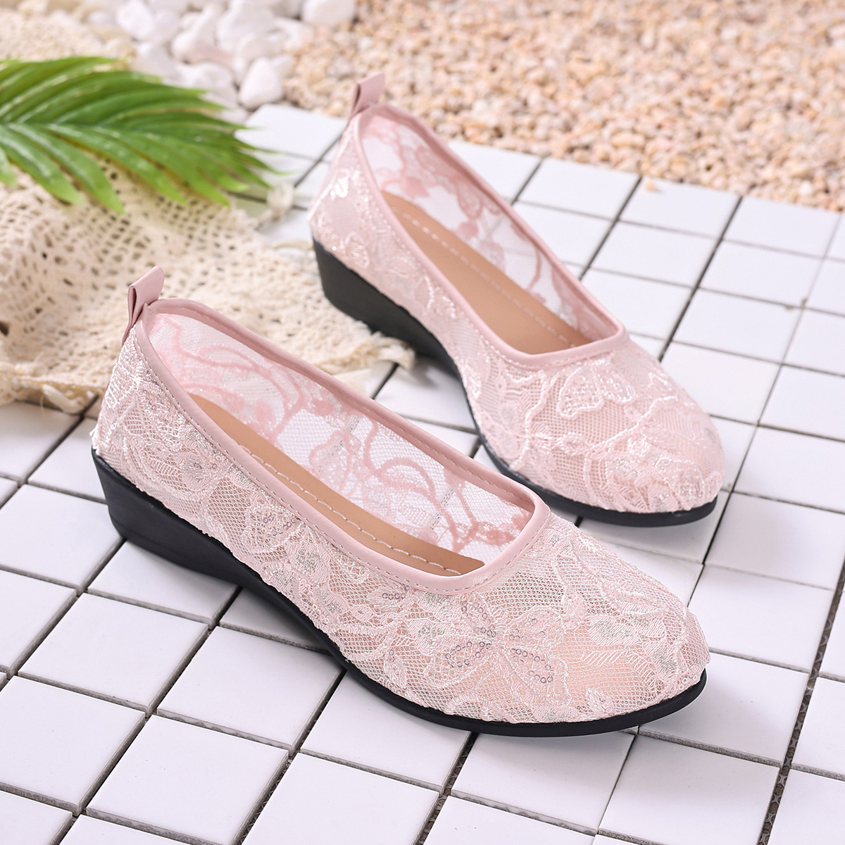 Lace Mesh Slip-On Flats with Wedge Heel and Floral Embroidery
