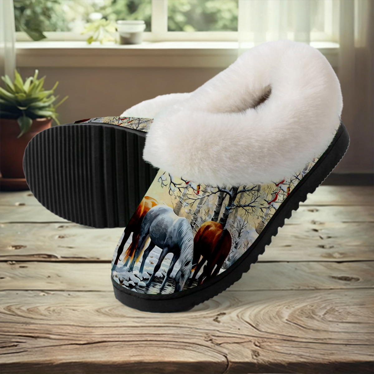 Artistic Horse Print Fuzzy Slide Sandal with Plush Lining for Cozy Winter Indoor Comfort