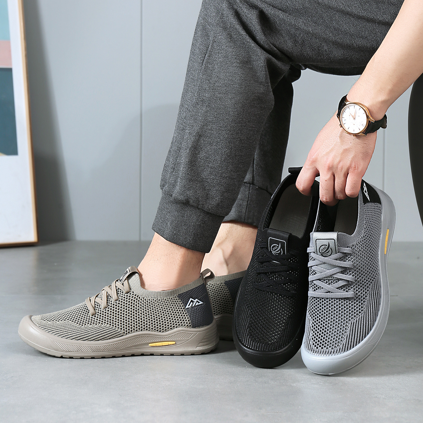Men's Breathable Knit Lace-Up Sneakers with Cushioned Sole