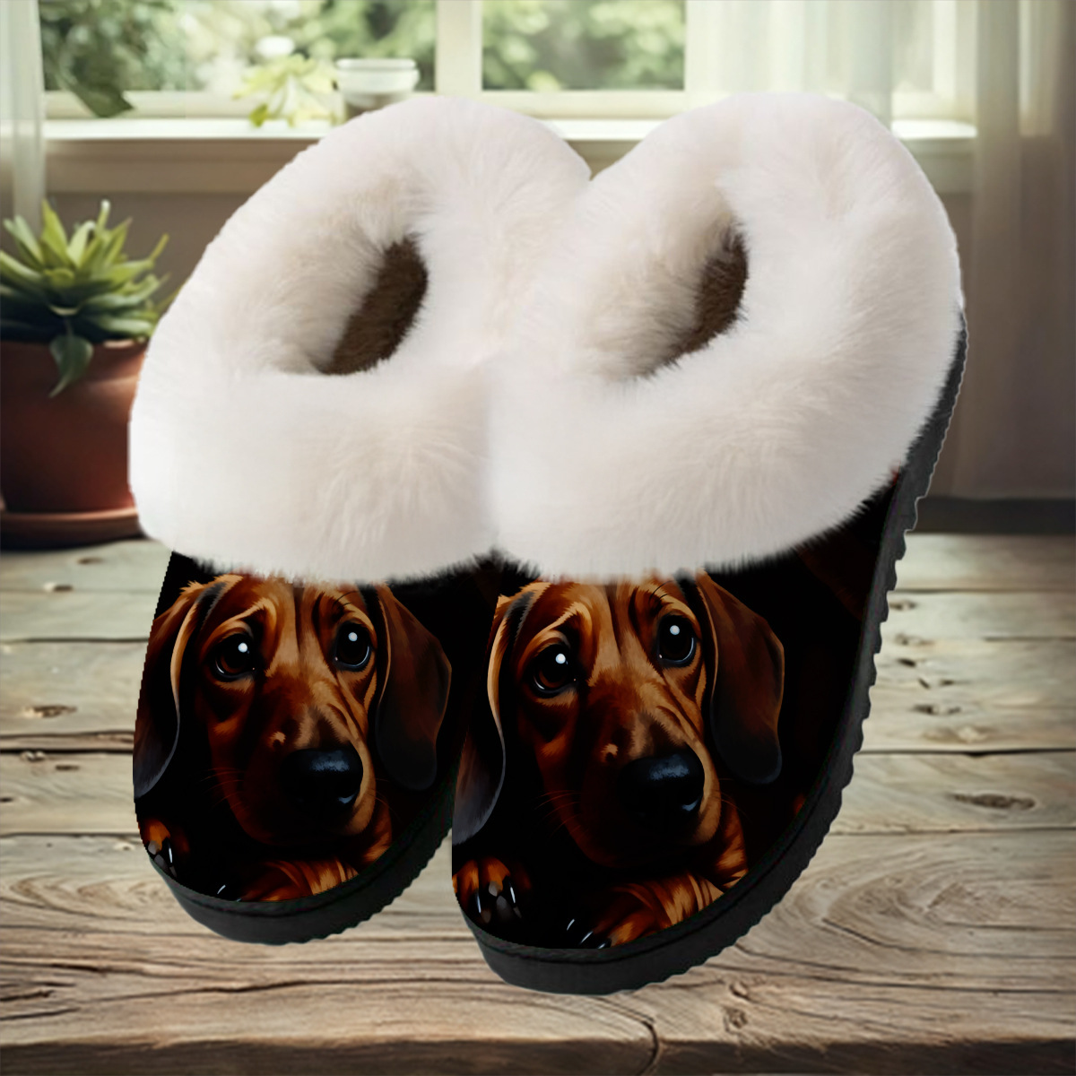 Fuzzy Slide Sandal with Realistic Dachshund Print and Plush Lining for Cozy Indoor Comfort