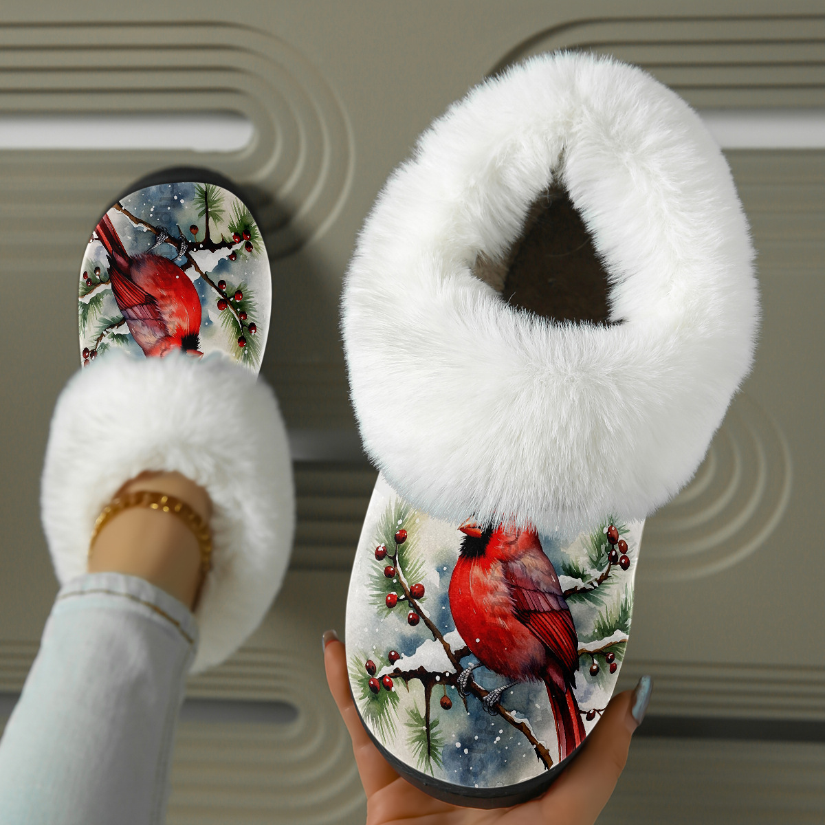 Winter Cardinal Bird Print Fuzzy Slide Sandal with Plush Lining for Cozy Holiday Indoor Comfort
