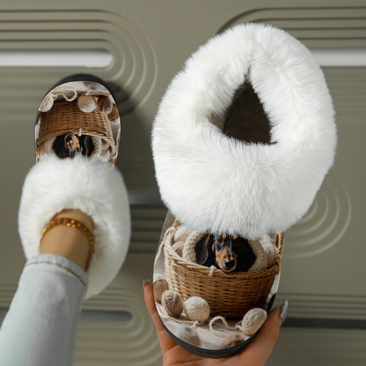 Dachshund in Basket Print Fuzzy Slide Sandal with Plush Lining for Cozy Indoor Comfort