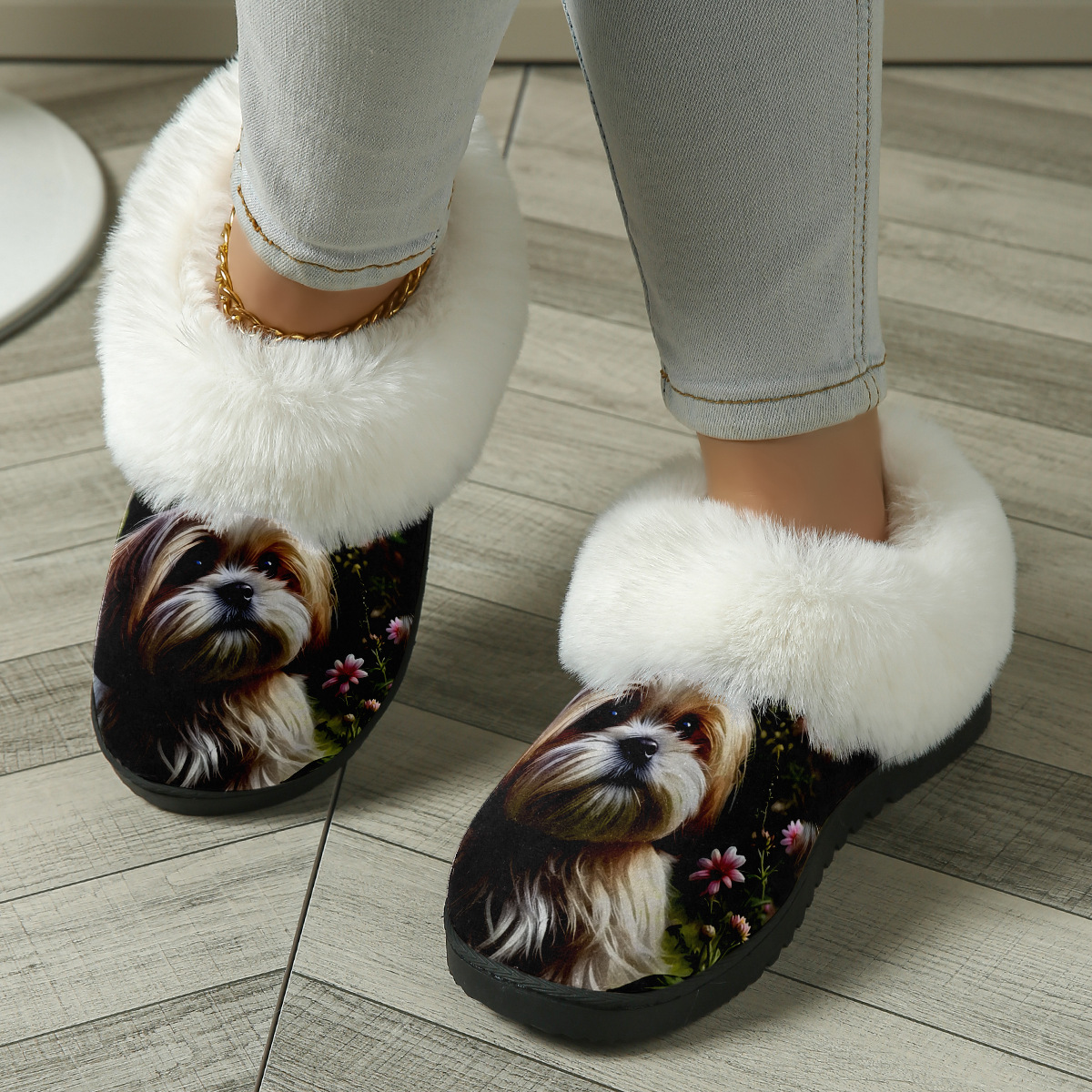 Fuzzy Slide Sandal with Realistic Shih Tzu Print and Plush Lining for Cozy Indoor Comfort