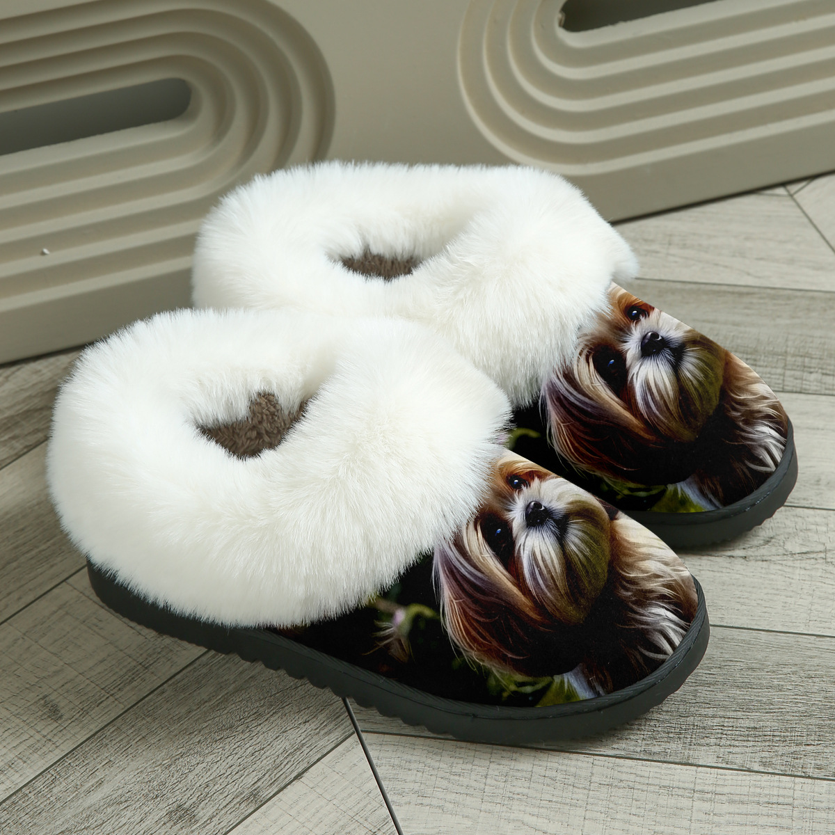 Fuzzy Slide Sandal with Realistic Shih Tzu Print and Plush Lining for Cozy Indoor Comfort