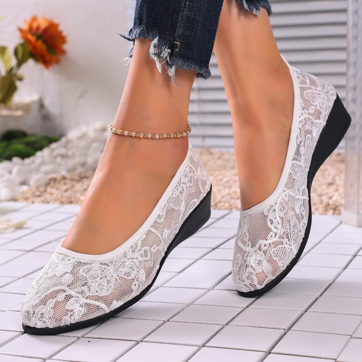 Lace Mesh Slip-On Flats with Wedge Heel and Floral Embroidery